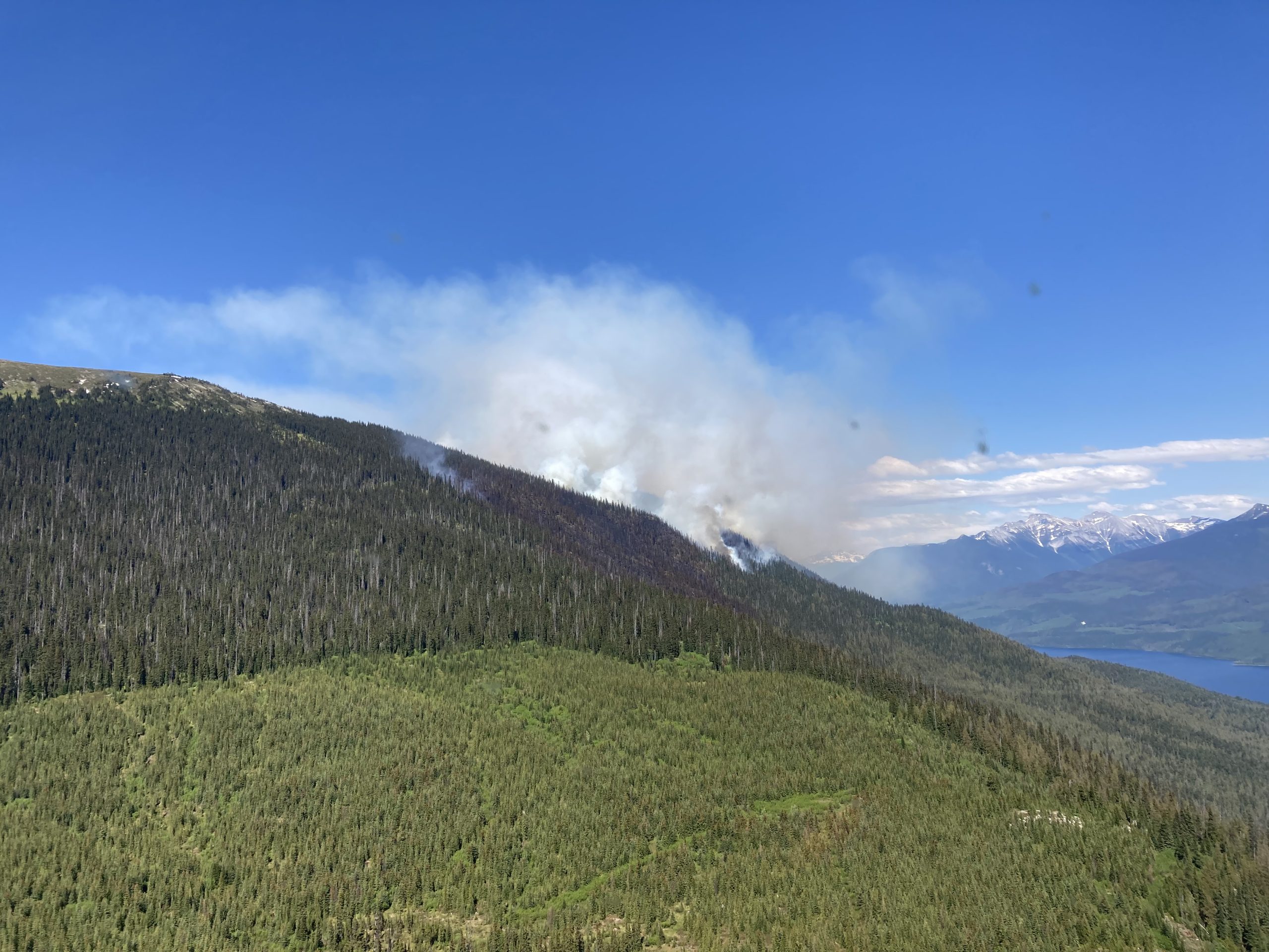 A plume of wildfire smoke is visible against a blue sky and treed hillside.