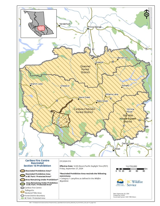 Map of Cariboo Fire Centre and rescinded prohibition area