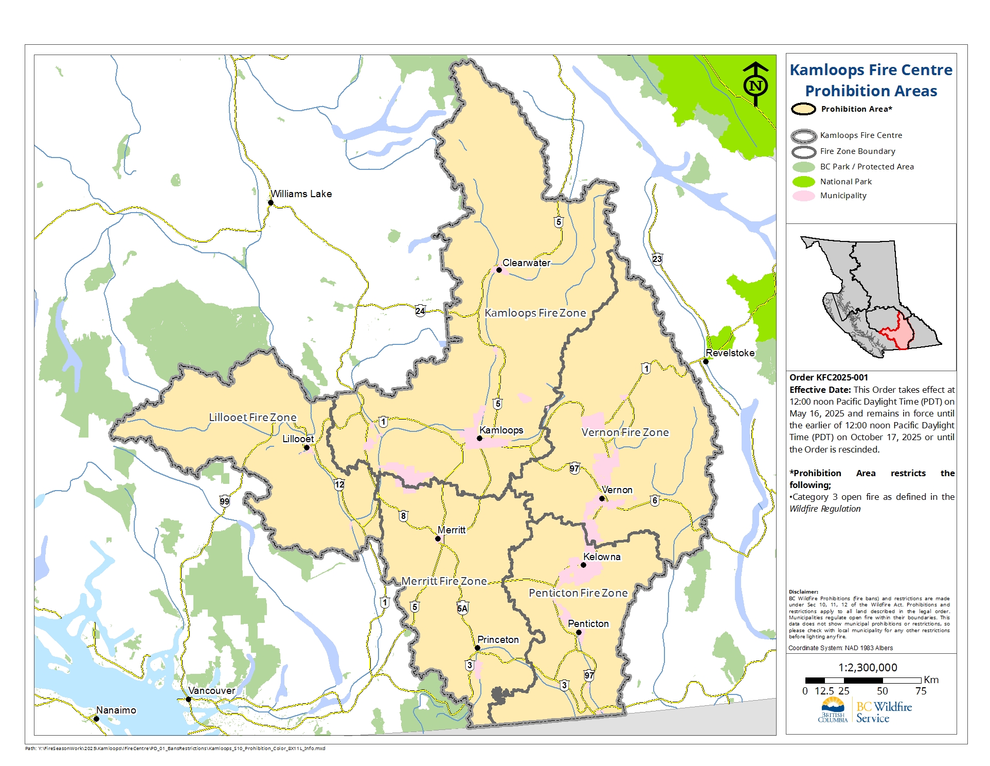 Map of the Kamloops Fire Centre Category 3 prohibition area