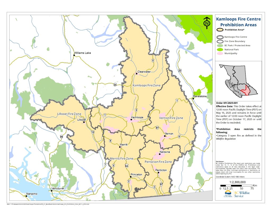 Map of the Kamloops Fire Centre Category 3 prohibition area