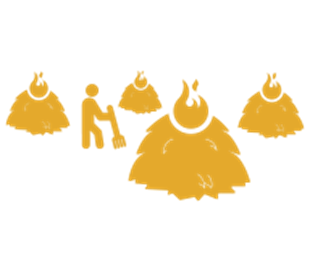 Category 3 open burning graphic. Yellow stick person tending to four burning piles.