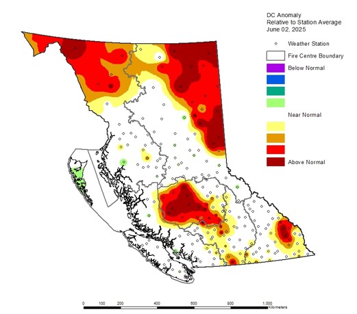 Map of B.C. showing Drought Code anomalies in the northeast, far northwest, the central Cariboo and areas of the southeast along the Rocky Mountain Trench.