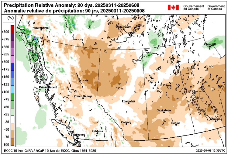 Map showing precipitation anomaly for the last 90 days from June 8, 2025 - showing average or below average amounts for the majority of B.C.