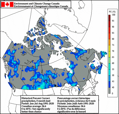 Environment and Climate Change Canada map showing forecast precipitation for Canada for June, July and August 2025. Most of the country is forecast to receive below average levels.