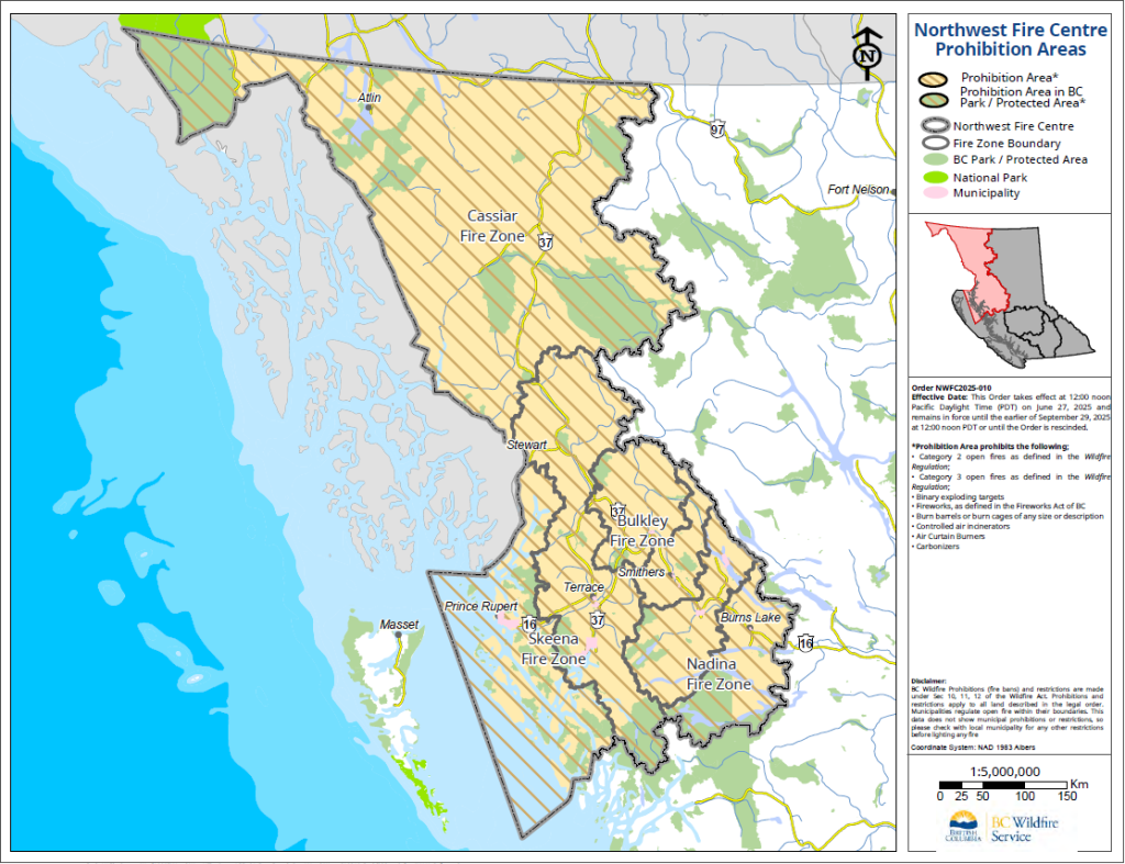A map of the Northwest Fire Centre with areas highlighted to show where Category 2 and 3 Fires prohibitions are in effect. These prohibitions are in effect as of June 27, 2025.