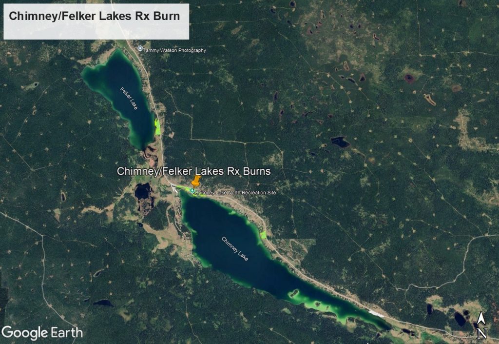 Google Earth image identifying Chimney/Felker lakes prescribed burn site.