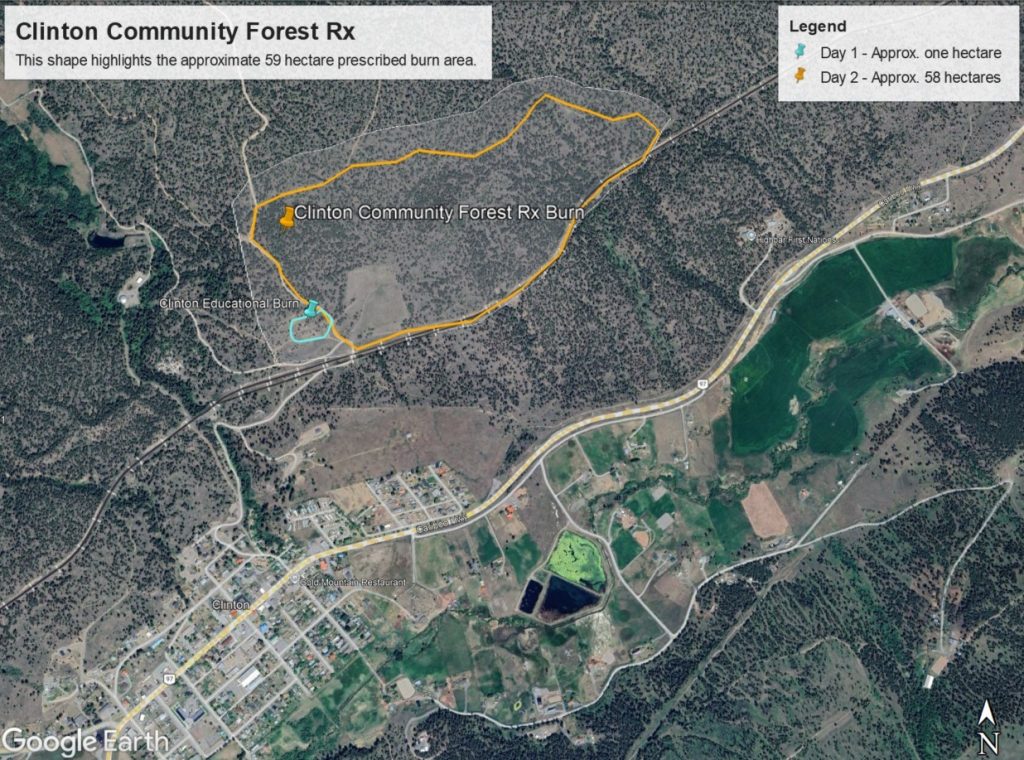 Google earth image with identified area for each day of the Clinton community forest prescribed burn