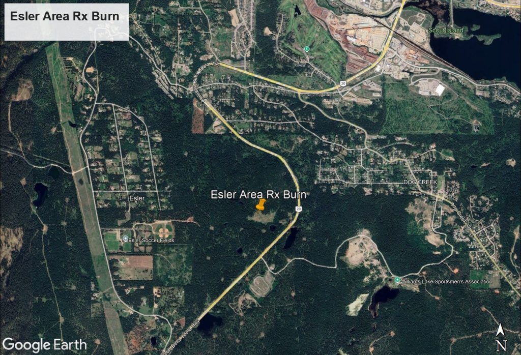 Google Earth image identifying the Esler area prescribed burn site