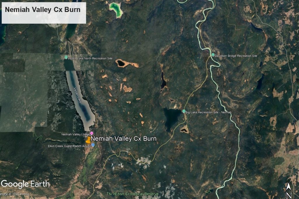 Google Earth image identifying area in Nemiah Valley where a cultural burn will take place