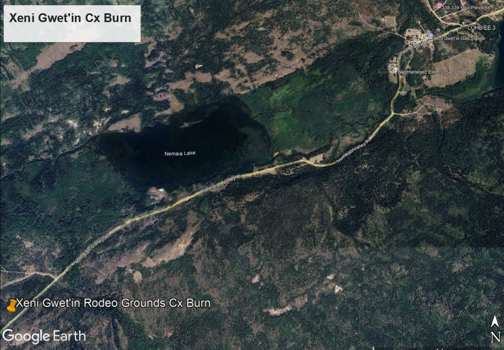 Google earth image identifying the Xeni Gwet'in Rodeo Grounds as the area where a cultural burn will take place.