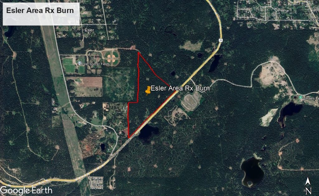 Google maps image identifying the location and perimeter of the Esler Lake prescribed burn area