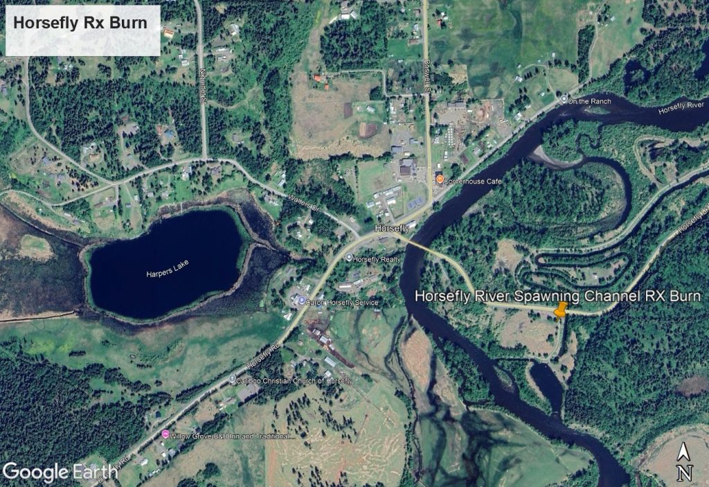 Google image identifying the area where the prescribed burn will take place at the Horsefly River Spawning Channel