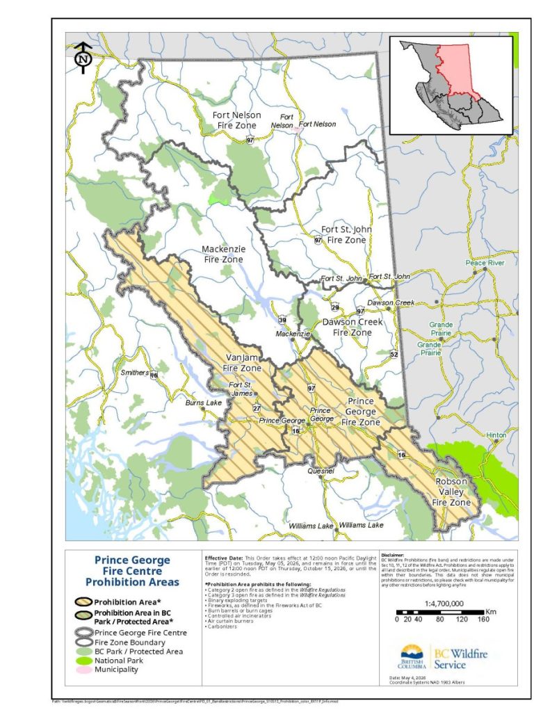 Map with markings that denote the different areas that will be under burning prohibitions. Includes a legend