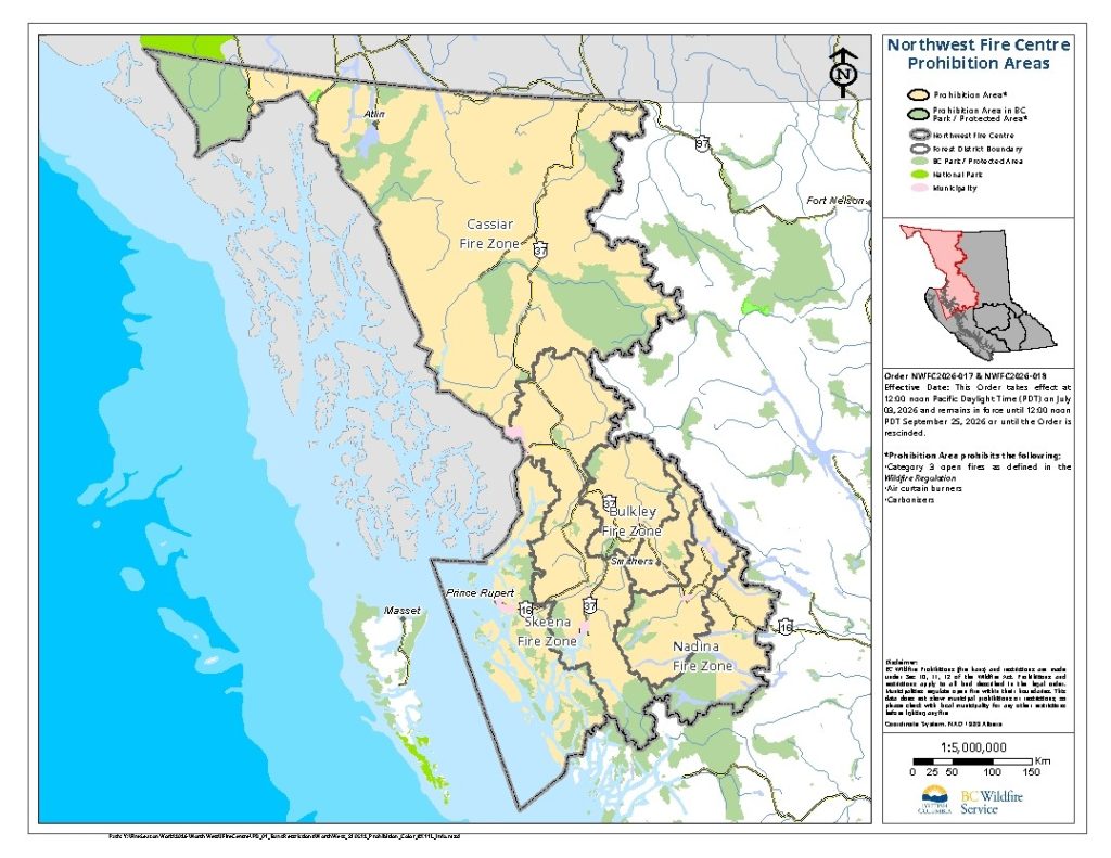 Map of the Northwest fire Centre with a layer showing where prohibitions apply