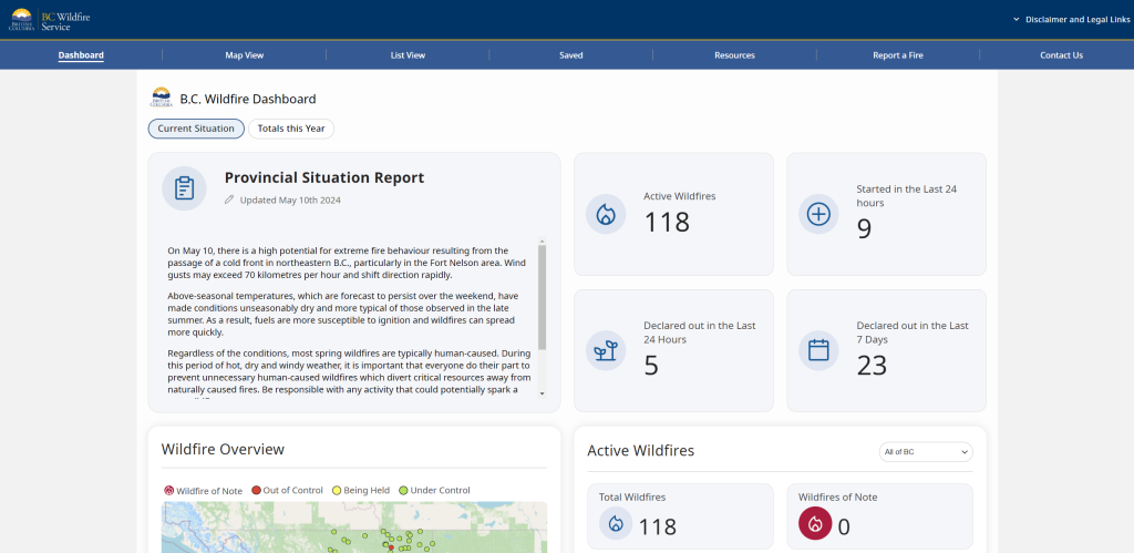 A screenshot of the B.C. Wildfire Dashboard