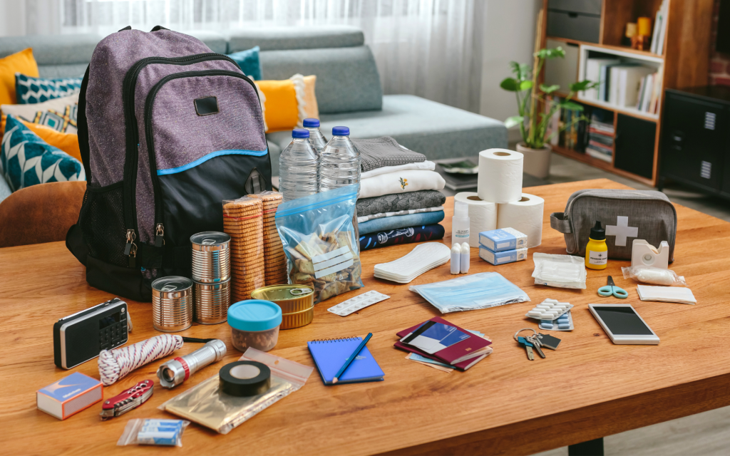 grab and go bag supplies on a table