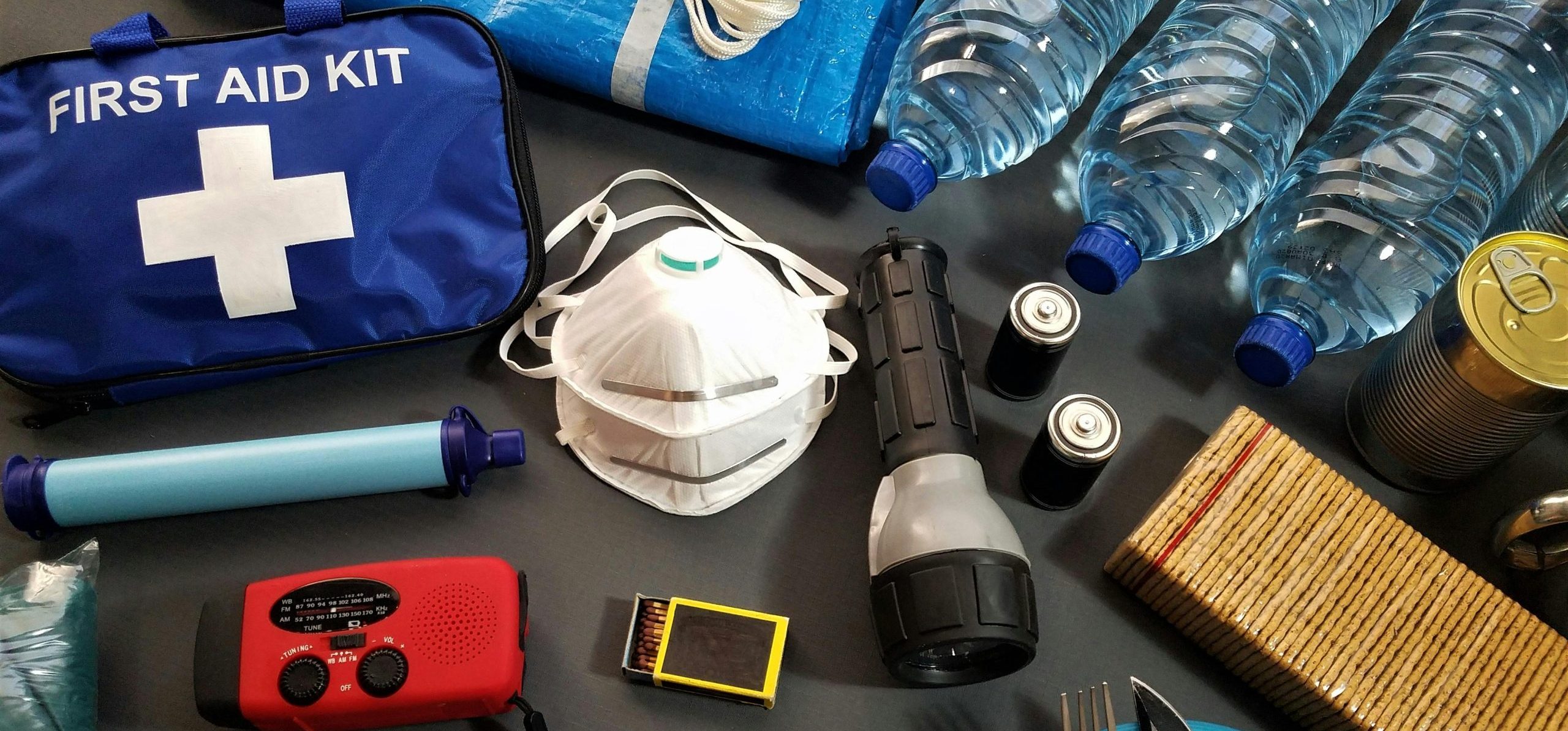 Emergency supplies spread on a table